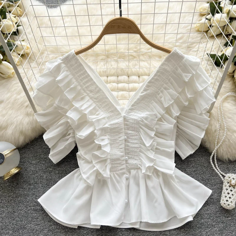 2024 Summer Korean Sweet Women Shirts Fashion Vintage Ruffles Loose Casual Tops Spring French Elegant Ladies Office Blouses