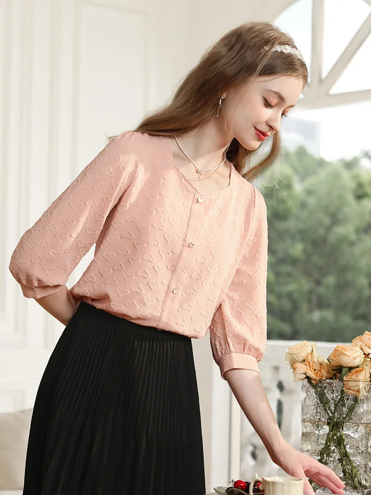 I BELIEVE YOU Pink French Women Shirt 2023 Autumn Square Collar Puff Sleeve New Unique Chic Office Lady Solid Top 2233055284