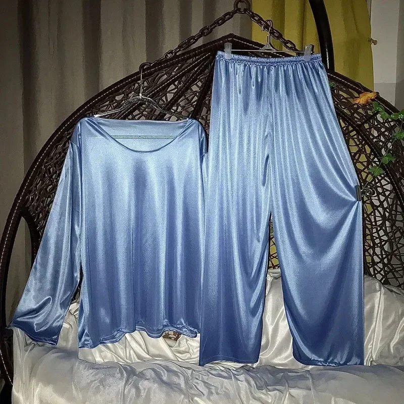 Sissy Men Women Pink Black Ice Silky Touch Glossy Pajamas 2-Piece Set Sleepwear Long Sleeve Plus Size Top Pants Sleeping Gown