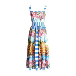JAMERARY Runway Floral Print Midi Dress Women Summer Straps Sundress Beach Wear Sexy Backless National Trench Building Dresses