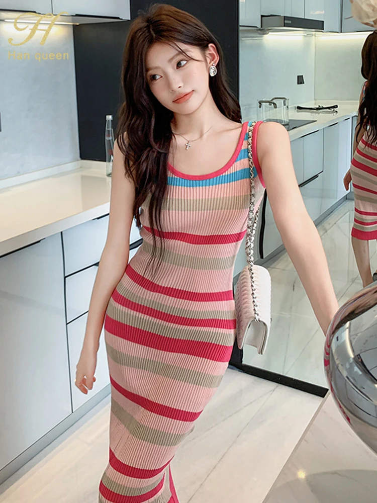 H Han Queen Office Party Vestidos Woman Clothing Elegant Vintage Clashing Stripes Korean Knit Dress Women's Slim Summer Dresses