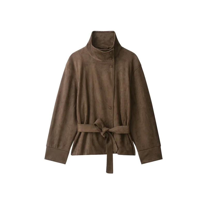 Damen Herbst Winter Hochkragen Wildlederjacke Einfarbig Einreihig Langarm Gürtel Tailliert Lockerer Mantel Lässige Mode Streetwear – Detail 13