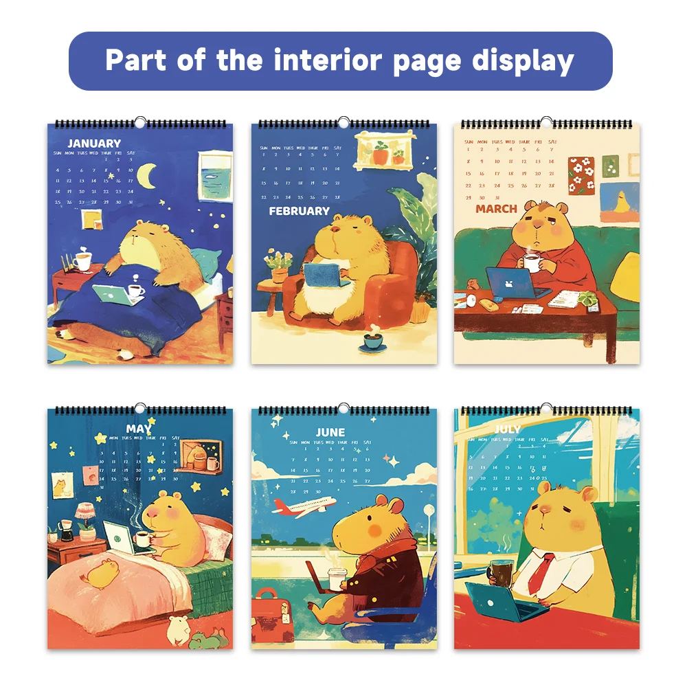 1pc 2026 Calendar,Cartoon Hand-Drawn Capybara,12 Beautiful Designs,Wall Calendar,Perfect Gift for Birthdays, Christmas, New Year
