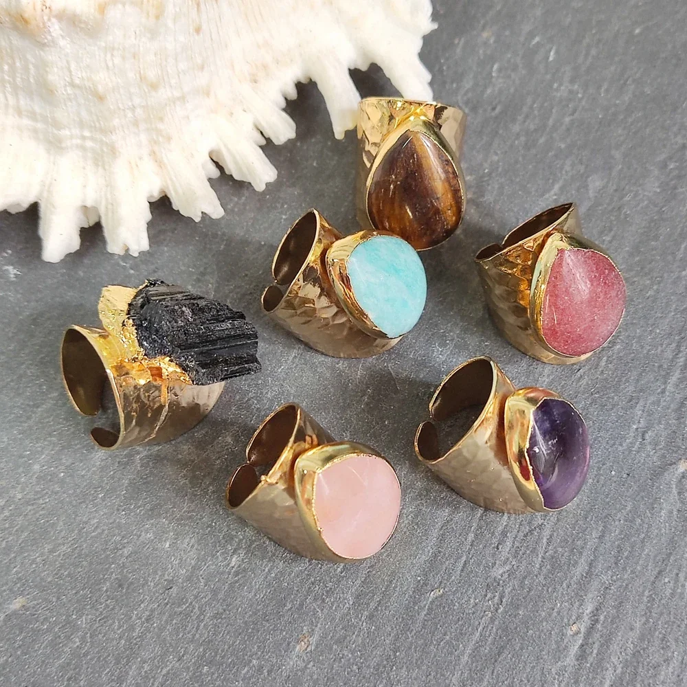 Gold Plated Teardrop Shape Natuarl Gems Amethyst Amazonite Crystal Stone Adjustable Rings for Women Men Fashion Jewelry