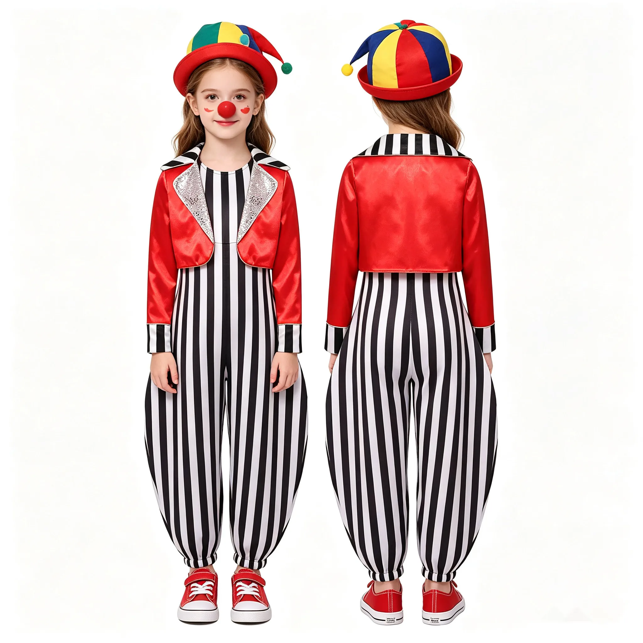 Kids Halloween Carnival Circus Ringmaster Clown Costume Sleeveless Striped Jumpsuit with Satin Jacket for Stage Performance