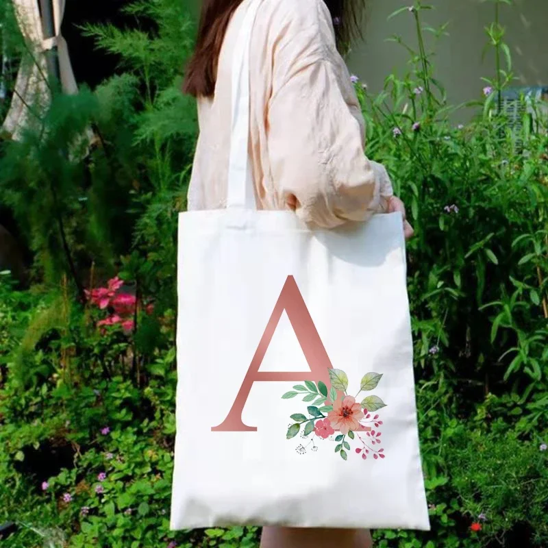 

Custom Tote Bag Shopping English Alphabet Flowers Tote Bags Text Print Original Unisex Fashion Travel Canvas Bags