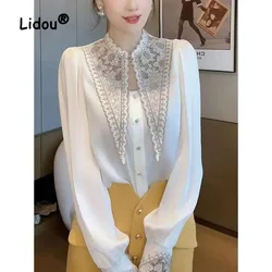 Fashion Korean White Embroidered Peaked Collar Blouse Women New Classic Long Sleeve Casual All-match Temperament Lady Shirt