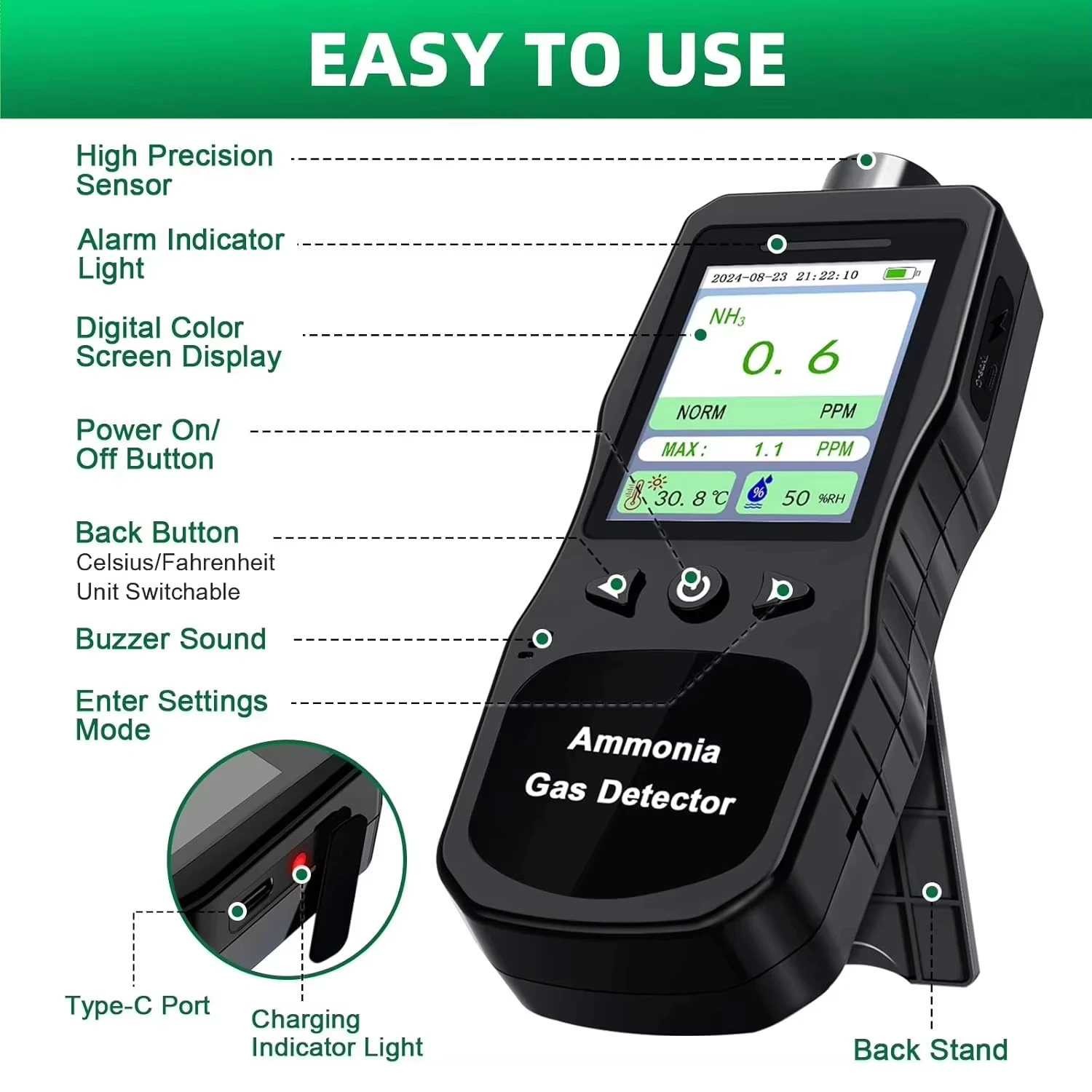 NH3 Ammonia gas detector Excessive concentration display alarm Portable handheld device,Hydrogen sulfide gas detector,0-200 ppm
