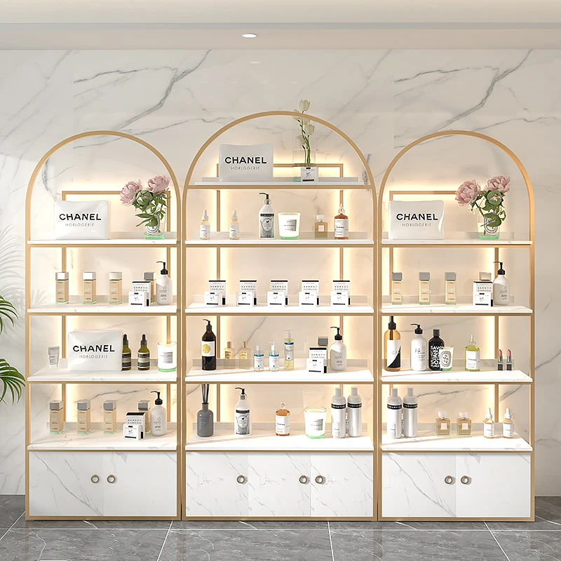 Beauty salon cosmetics display cabinet skin care products shelves nail shop display rack with lights