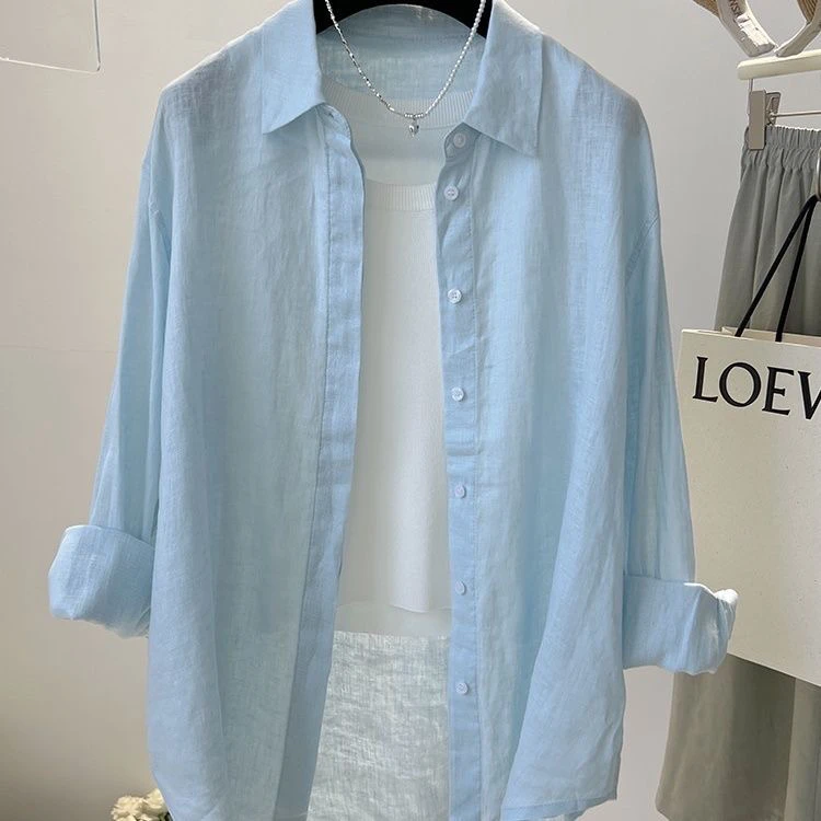 Blue Linen Women's Shirt Loose Fit Sun Protection Long Sleeve  Collar Regular Length Pure Color Commute Style Fashionable