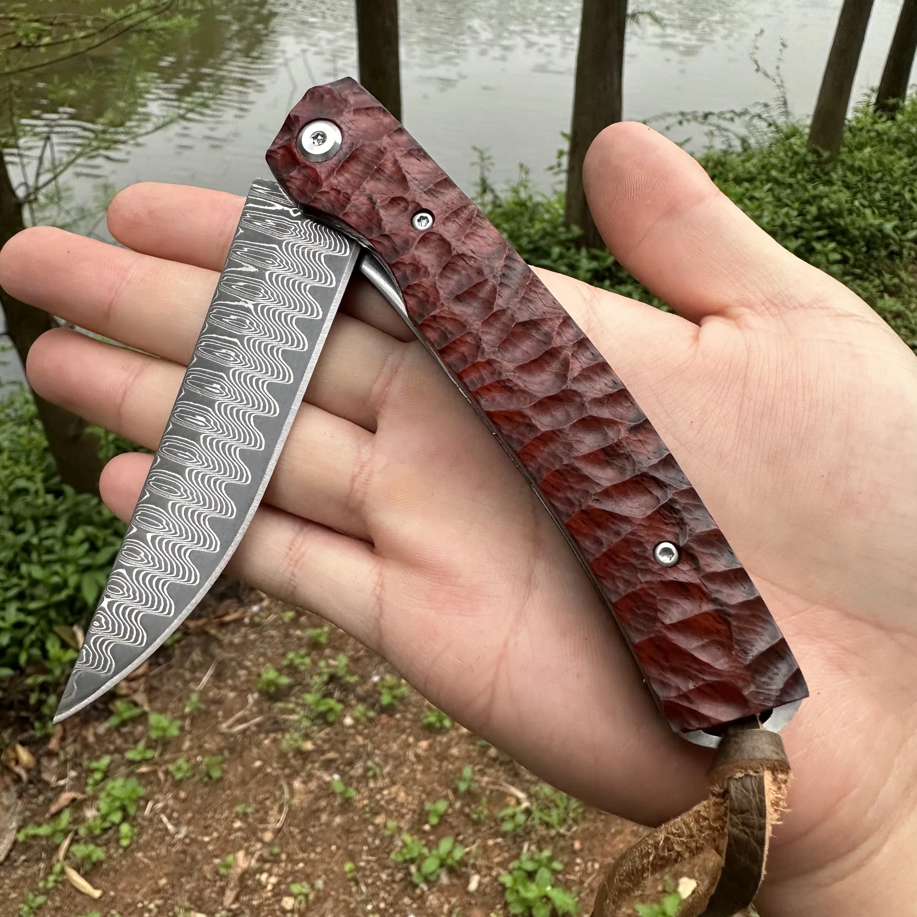 Topwell Handmade Folding Pocket EDC Knife Damascus Blade Rosewood Handle Smooth Ball Bearing Japanese Collection Knife Outdoor