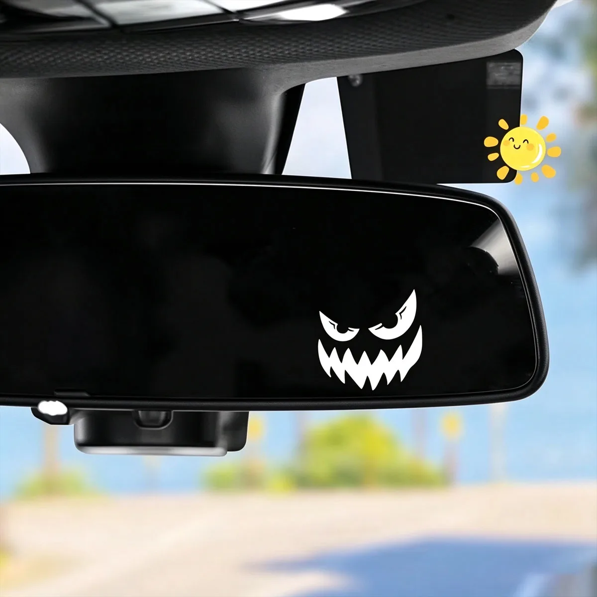 Evil Grin Face Car Rearview Mirror Sticker, Cool Demon Teeth Decal for Car Interior Decoration, Universal Fit