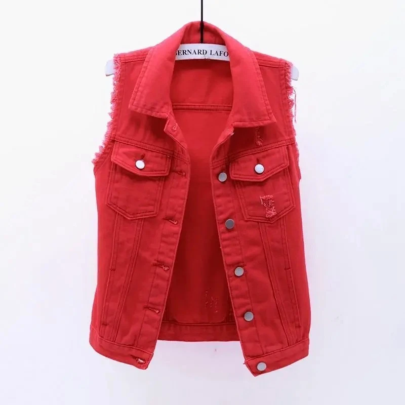 White Red Denim Vest Jacket For women Summer 2026 New Frayed Sleeveless Cowboy Jackets Female Short Single breasted ripped Top