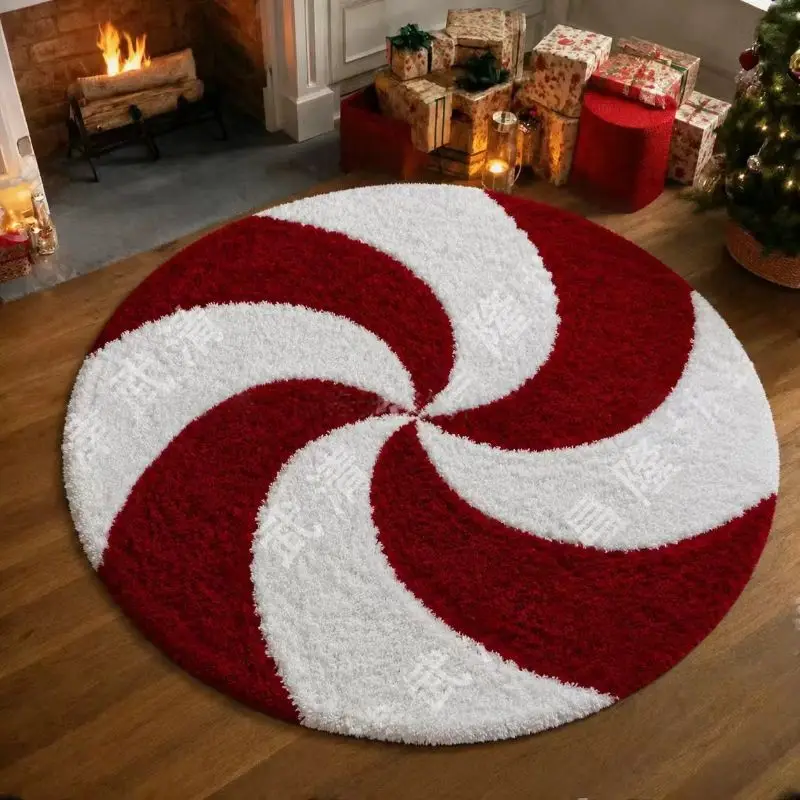 VIKAMA Peppermint Swirl Round Flannel Round Rug Non Slip Floor Mat for Bedroom Living Room Soft Cozy Aesthetic Home Decor