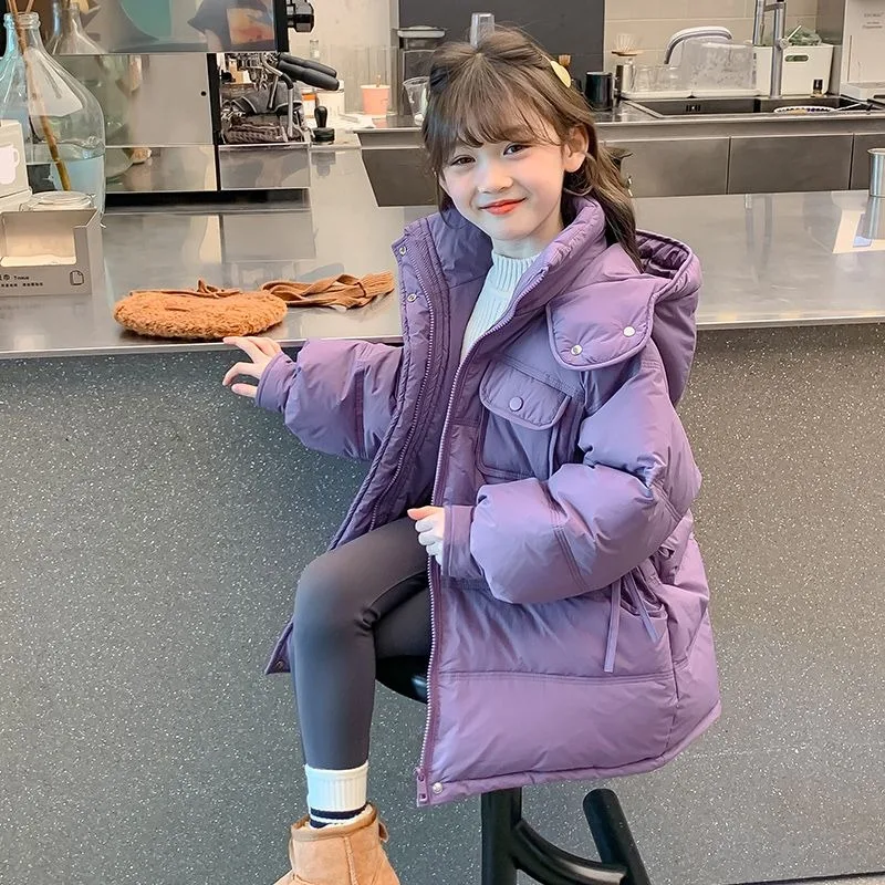 

【2025 Зима】Подетнамское утепленное стеганое пальто для девочек — зимняя куртка средней длины с приталенной талией в корейском стиле для детей 8–12 лет, фиолетовый