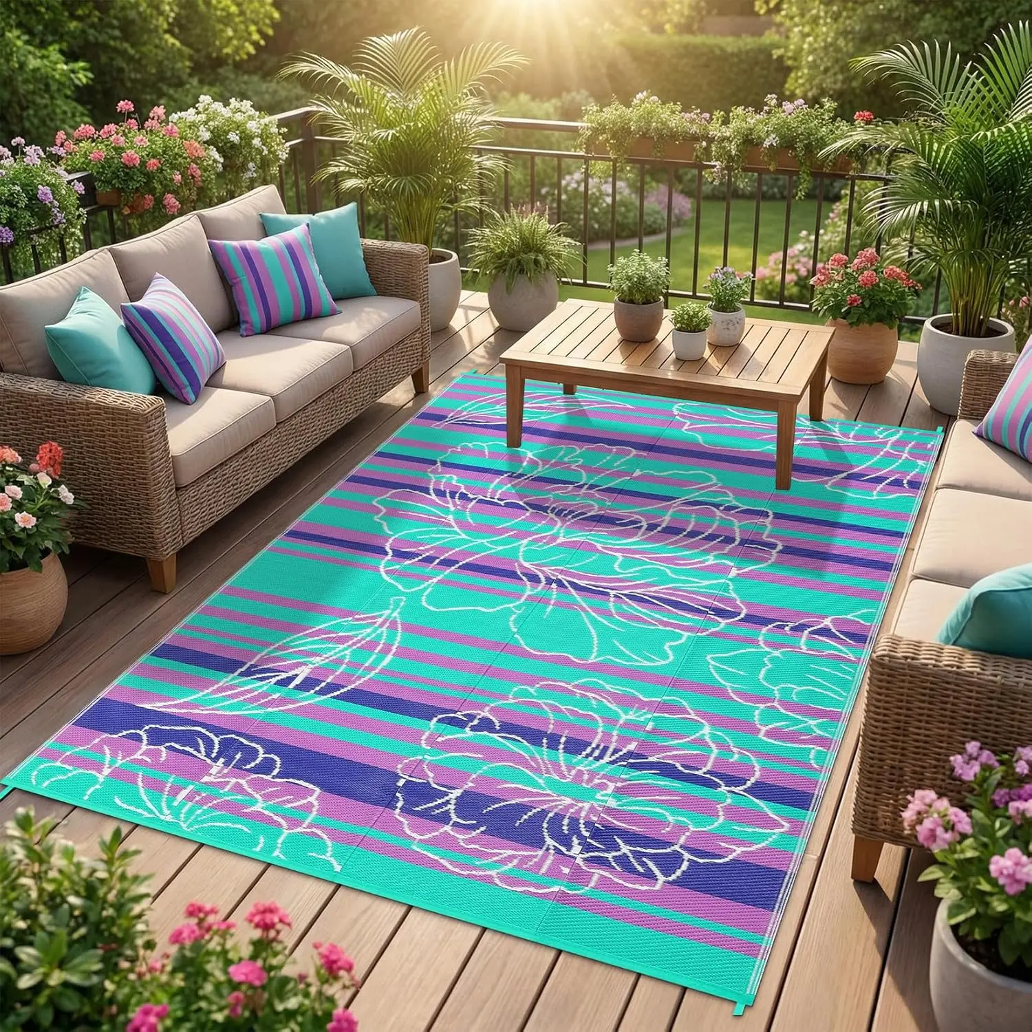 

5x8 Outdoor Waterproof Rug, Floral Outdoor Area Rug，Reversible Plastic Straw Patio Rug, Portable Camping Mat for RV, Picnic,