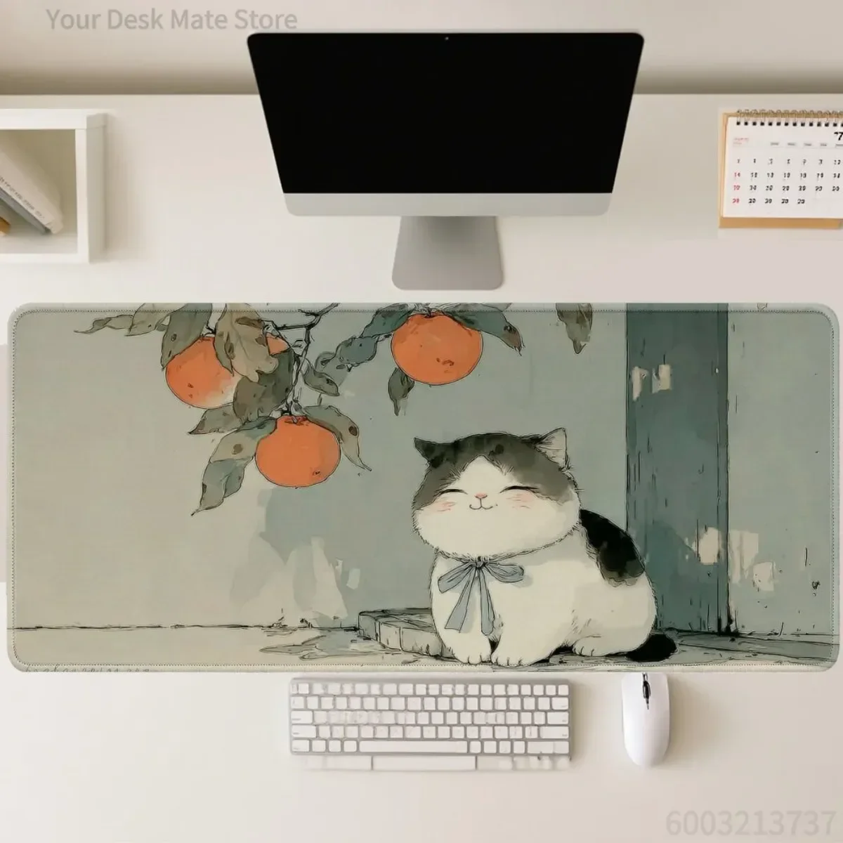 Niedliches Katzenmuster mit grünen Blättern und orangefarbenem Muster, Gummi-Gaming-Mauspad, waschbar, rutschfest, 2D-Flach-Schreibtischunterlage