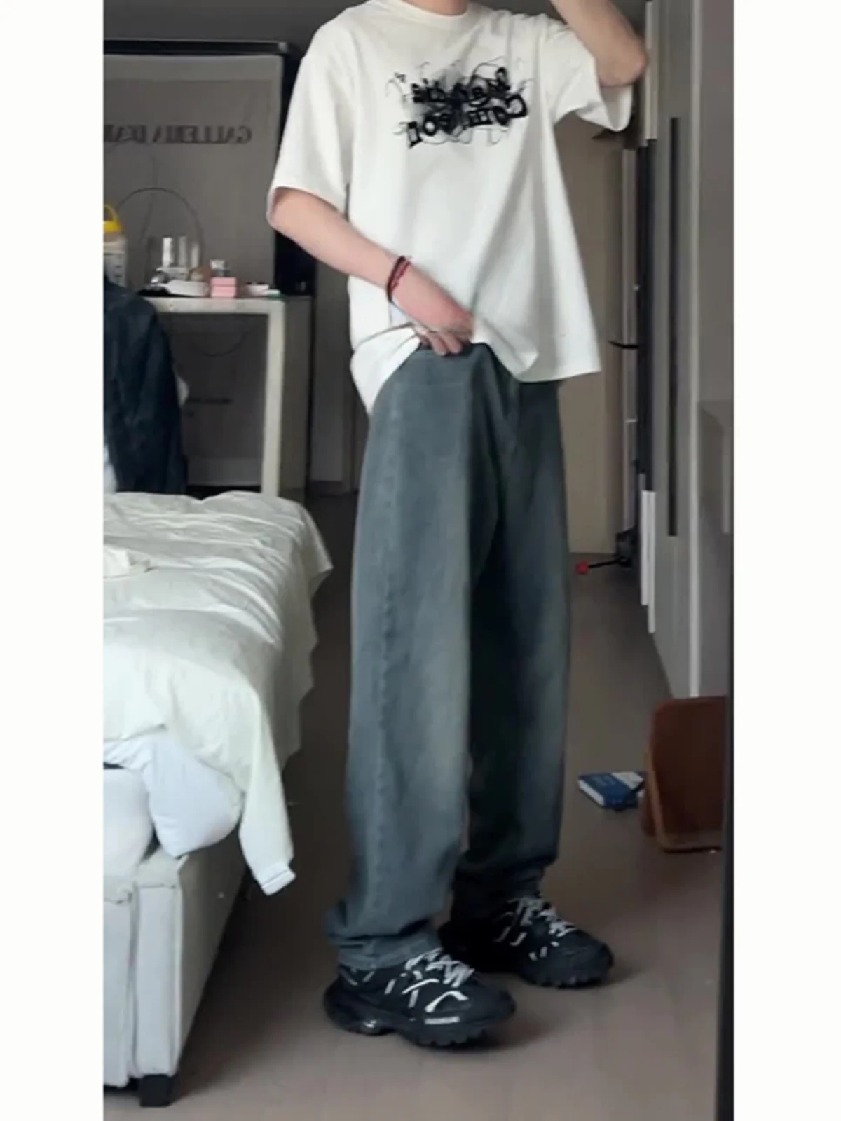 

Soft Wide Leg Jeans Belted Men's Faion Cleanfit Loose Straight American Sle Wide Leg Pants Starry Pattern Casual Jeans