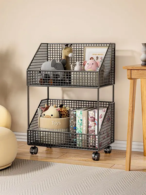 Portable Toy Storage Box Bookshelf Children's Kitchen Multi-Layer Cart with Wheels Floor Simple Bookshelf Storage Rack Black