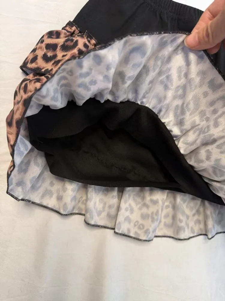 High Waist Short Skirt Splicing Y2K Millennium Puffy Cake Half Body Leopard Print Subculture Slimming A-Line Skirt
