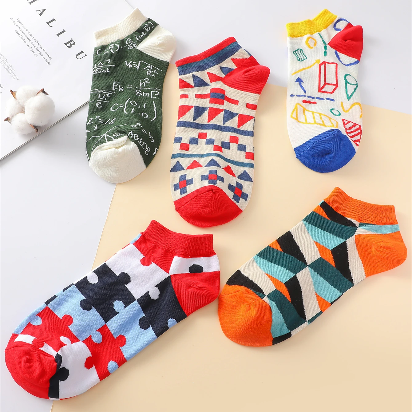 5 Pairs/Pack Men\'s Geometry Pattern Fashion Casual Ankle Socks Cotton Comfty Breathable Spring Summer Short Socks