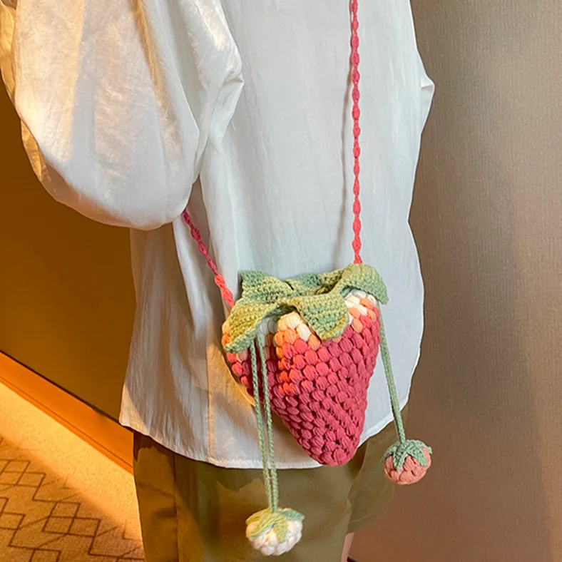 Women Shoulder Bag Cartoon Kawaii Strawberry Shape Designer Handbag DIY Cotton Woven Crossbody Bag Girls Cute Fruit Knit Purse