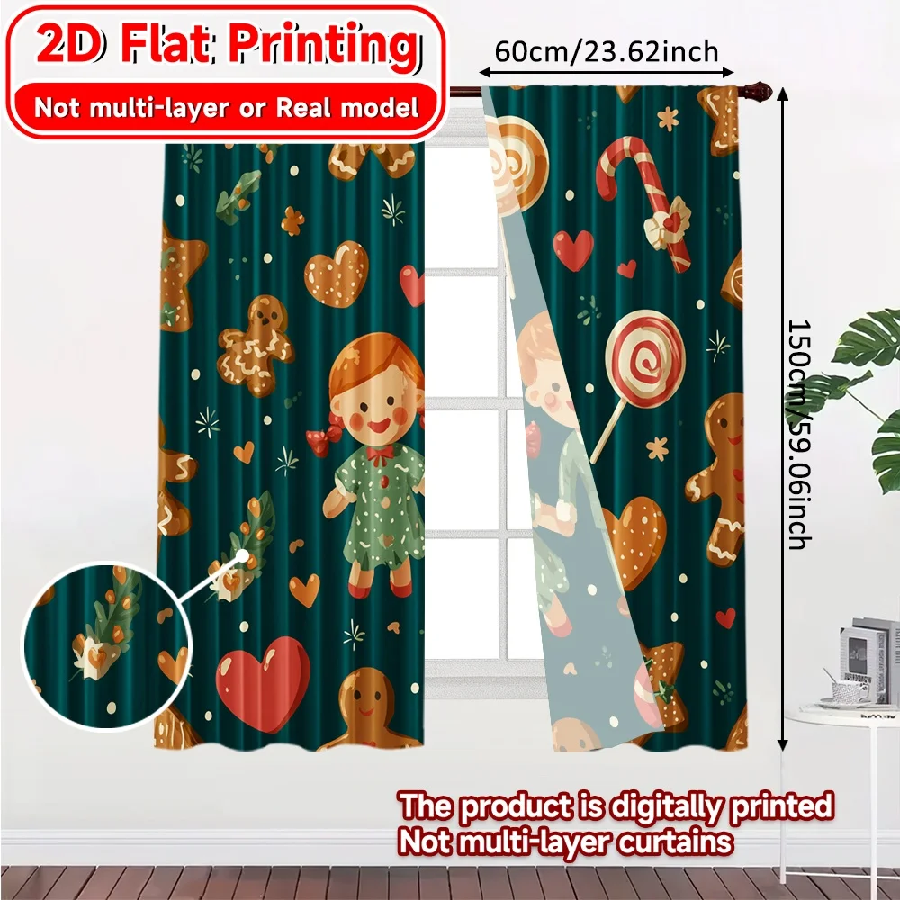 2D Flat Printing,2pcs Gingerbread Joy(1) Popular Window Curtain 100% Polyester Curtains Room Decor Perfect for Semi-Transparent
