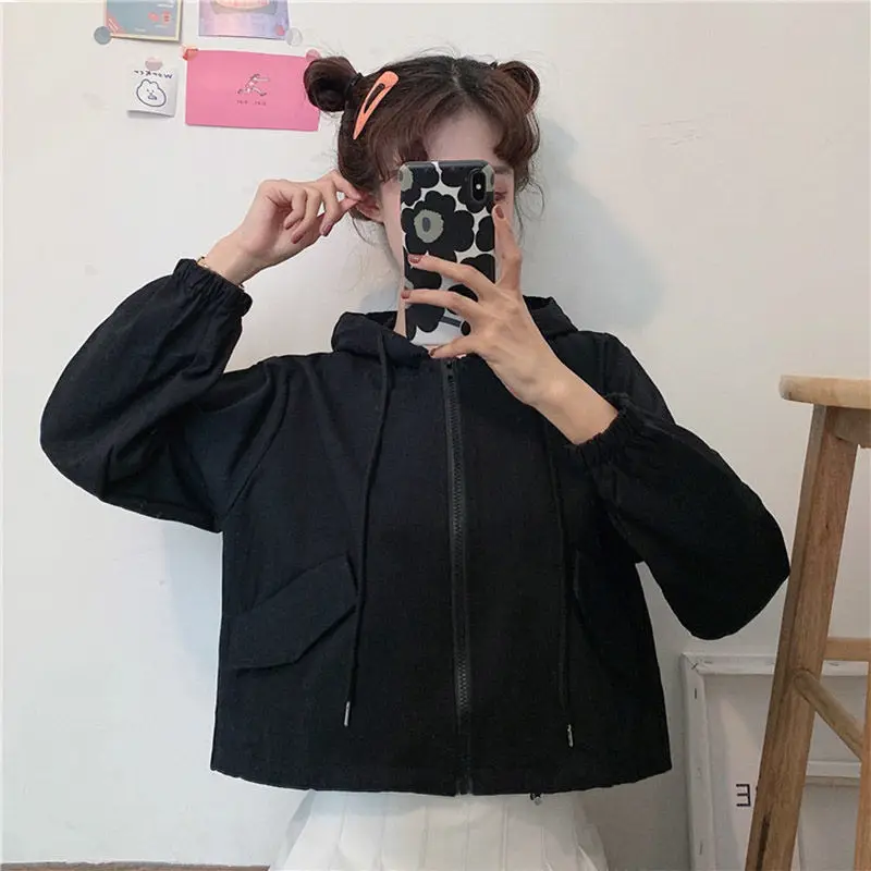 Damskie kurtki basic z daszkiem, krótkie, wiosenne, w stylu preppy, proste, wygodne, codzienne, zapinane na zamek, codzienne, dla nastolatek, uniwersalne, popularne, w stylu koreańskim.