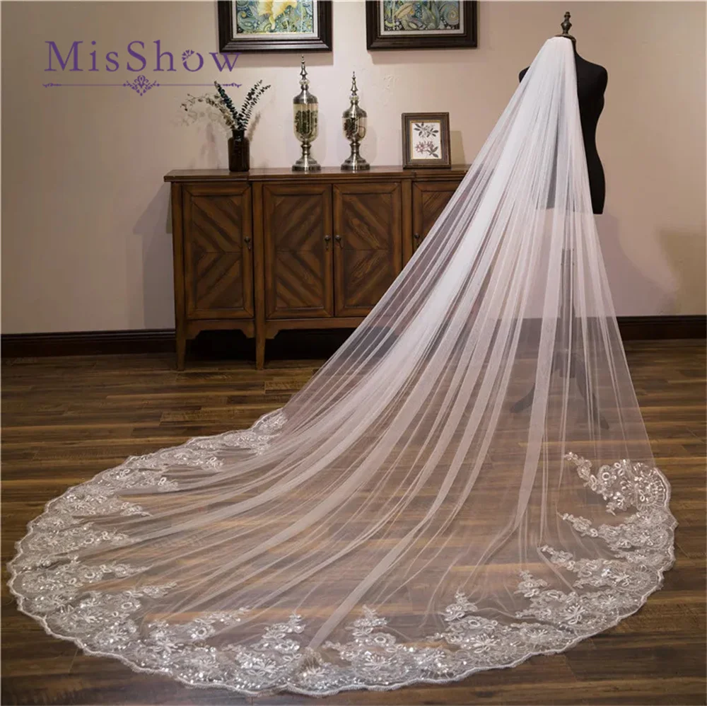 MisShow White Ivory Sequins Lace Edge Veils Cathedral Length Wedding Bridal Veil with Comb 1 Tier Long Woman Illusion Tulle