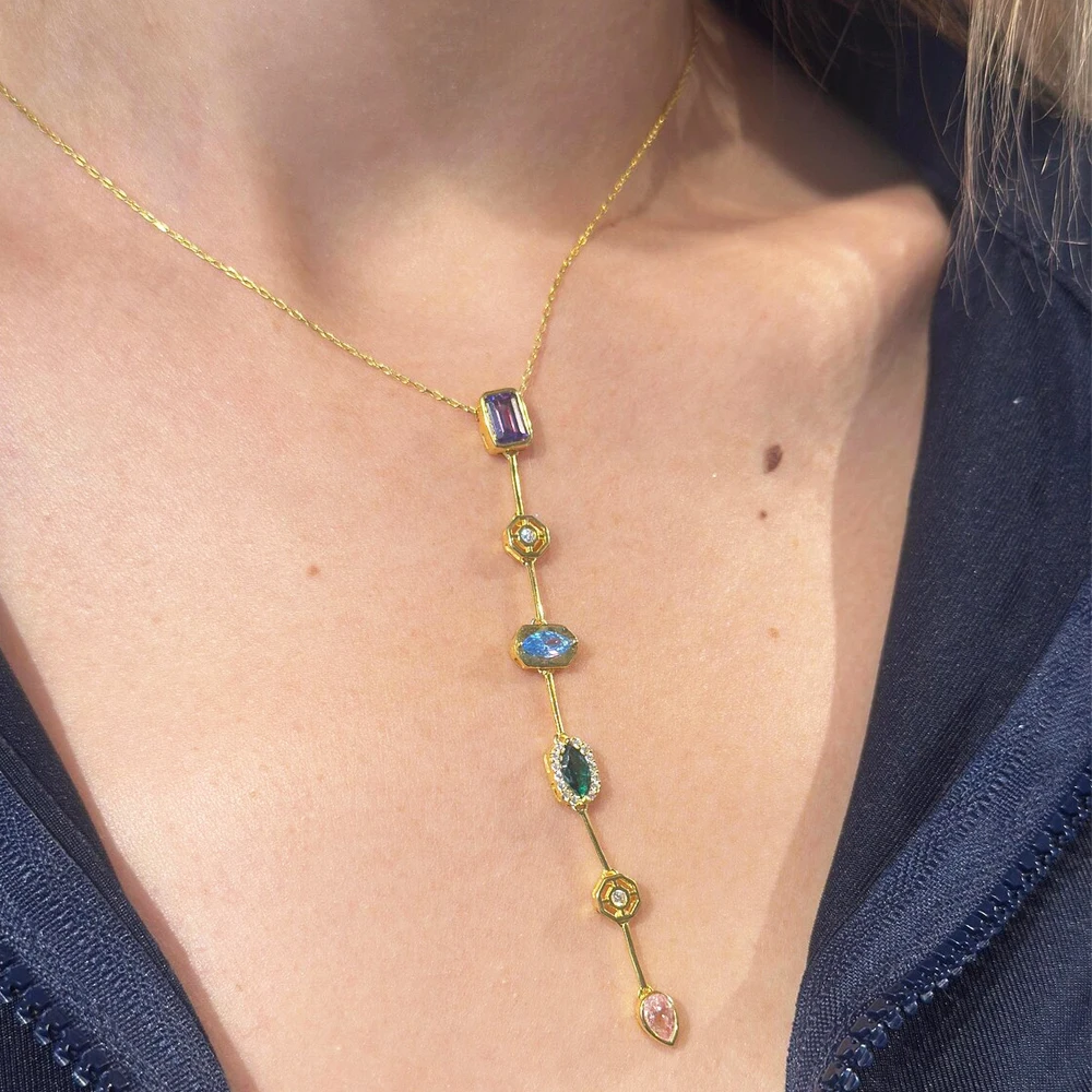 Stainless steel Colored Zircon Tassel Necklace Luxury long Heart-shaped Pearl pendant Necklaces Zircon Tassel non Fading Jewelry