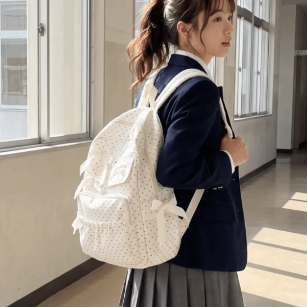 Nylon Polka Dot Bow Backpack Large Capacity Multi-Compartment Daypack Zipper Closure Polyester Lining Travel Backpack