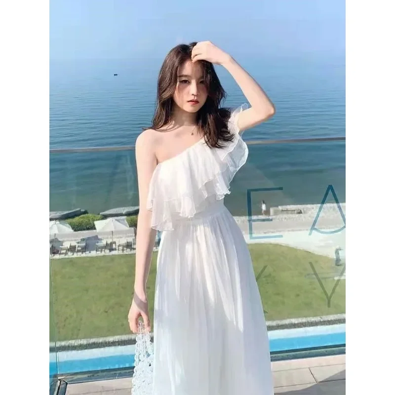 Women's White One Shoulder Dress Women's Summer Travel Outfit Long and Ankle Length Beach Skirt Sexy Dress