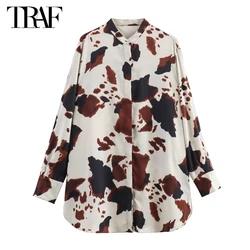 TRAF 2024 Animal Print Shirts for Women Satin Oversized Shirt Women Long Sleeve Button up Shirt Woman Collar Loose Casual Shirts