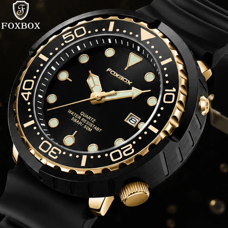 

FOXBOX Fashion Black Gold Men Watch Casual Business Silicone Diver Watch Men Waterproof Sports Chronograph Relogios Masculino