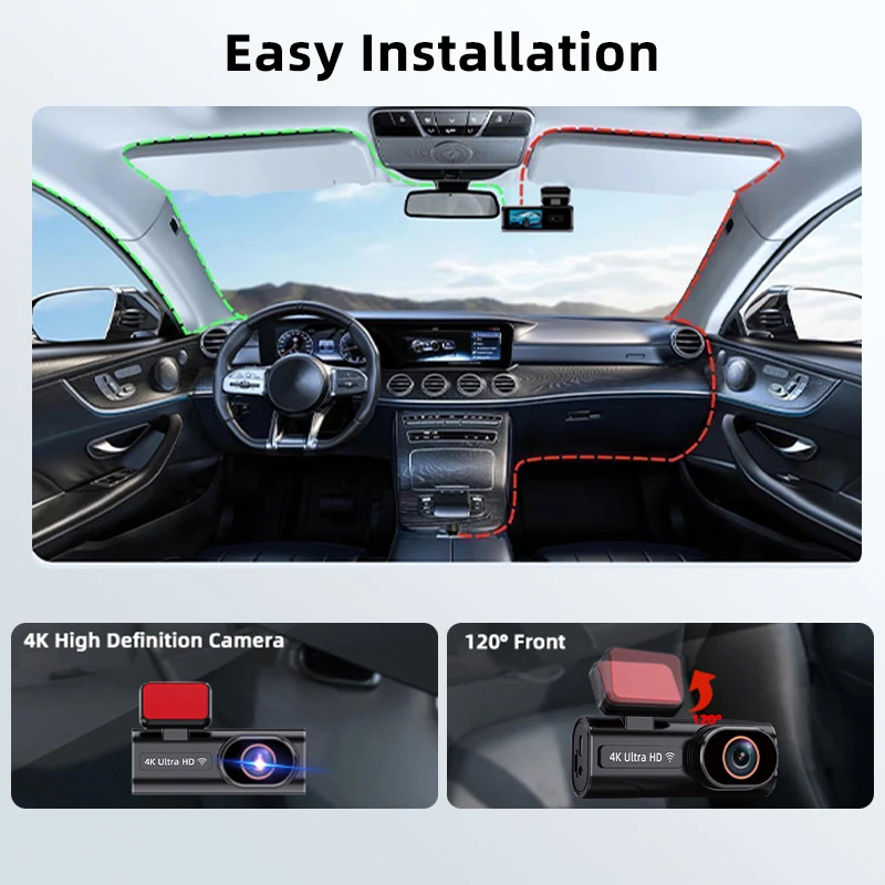 E-ACE DVR Mobil WIFI GPS Mendukung Depan 4K Opsional Belakang 1080P Lensa Ganda Kotak Hitam Kamera Spion WDR Penglihatan Malam G-sensor