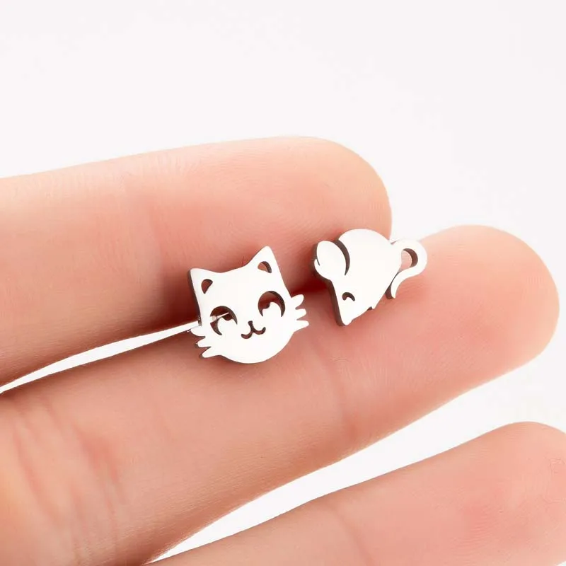 Korean Style Star Moon Ear Studs for Girls Minimalist Cat Puzzle Leaf Dinosaur Earrings Black Stainless Steel Jewelry Oorbellen