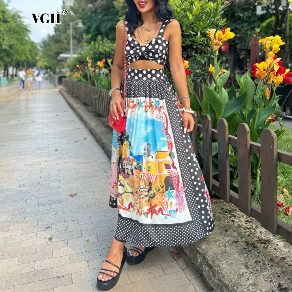 VGH Hit Color Printing Vintage A Line Skirt For Women High Waist Patchwork Pockets Loose Long Skirts Female Fashion Style New