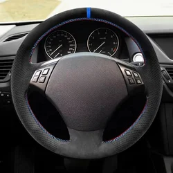 For BMW X1 E84 2010-2013 3 Series E90 E91 2005-2011 Suede Leather W/ blue Bar Hand-stitched Car Inner Steering Wheel Cover Trim