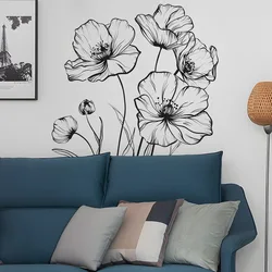 Personality simple black and white sketch poppy flower bedroom living room background beautify decorative wall stickers stickers