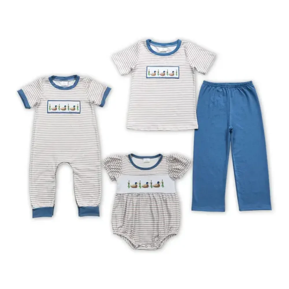 

Duck Embroidery White Striped Short Sleeve Top Blue Pant and Baby Romper