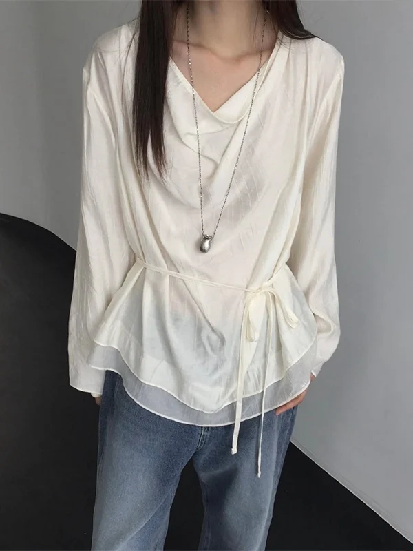 Dames kraag overhemd stropdas taille chique top Franse stijl losse pasvorm lange mouw pure kleur herfstmode blouse