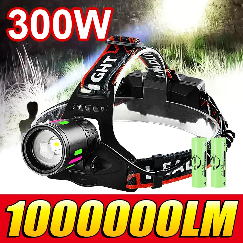 1000000LM 300W LED Head Flashlight Powerful Headlamp Front Light Type-C Rechargeable Professional Head Lantern For Fishing