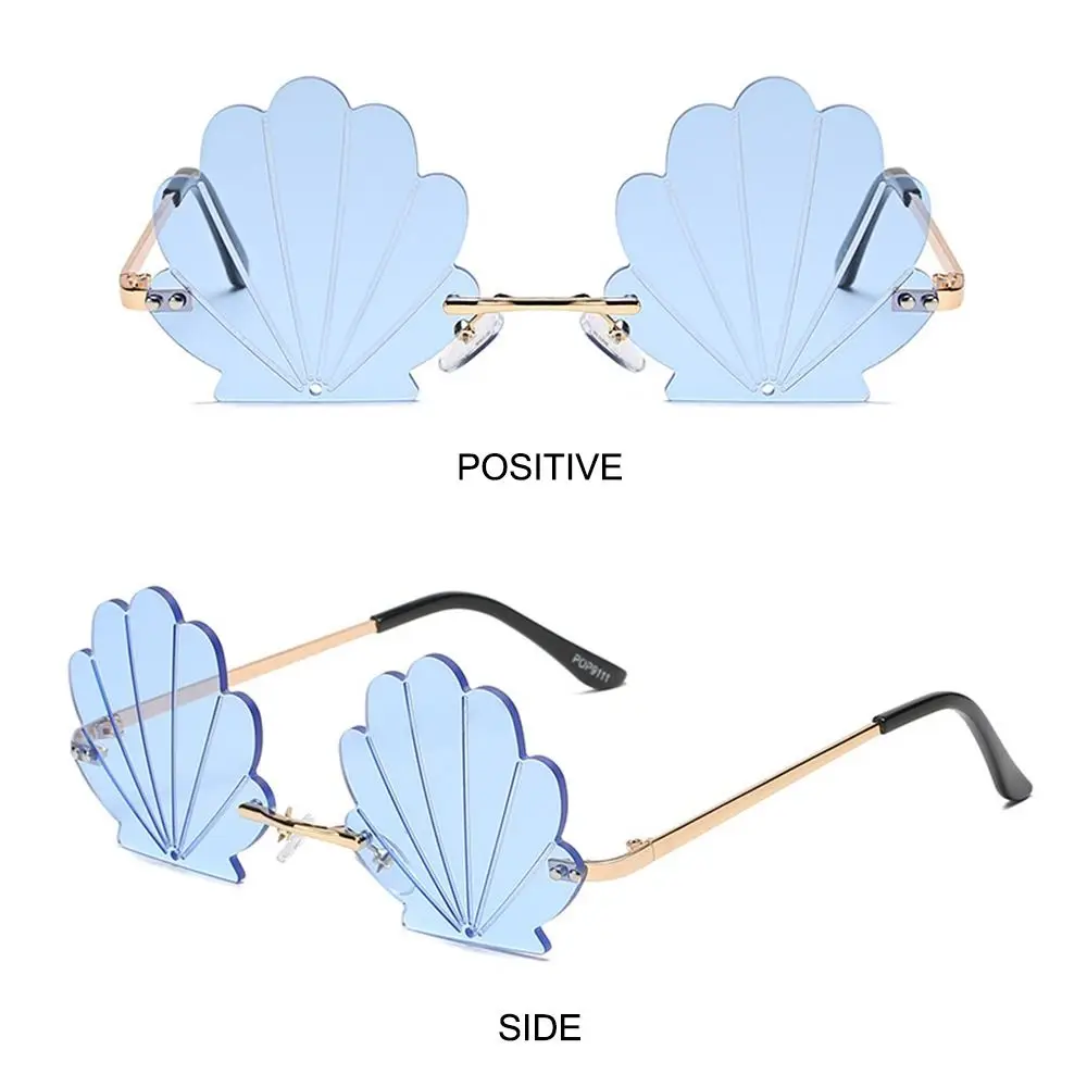 UV Protection Shell Shape Rimless Sunglasses Unique Flower Shape Ocean Lens Shades Fashion Funny Shades for Photo Props, Party