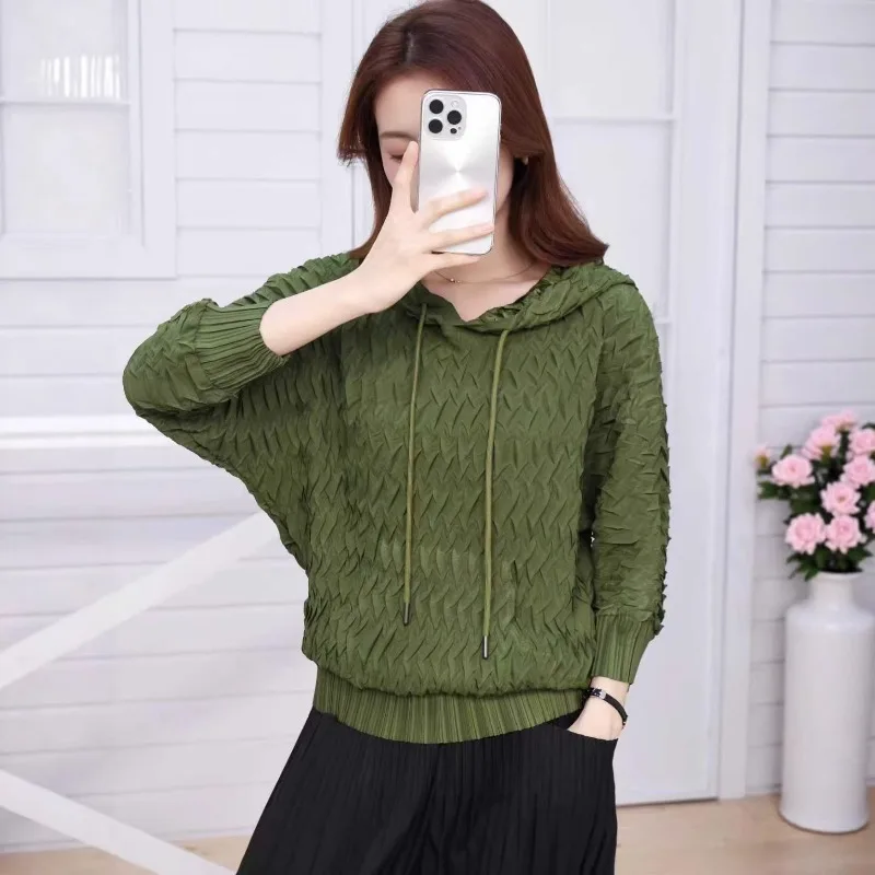 Miyake Giacca con cappuccio a pieghe Donna 2026 Primavera Piega allentata Moda Premium Feeling Felpa Peplo Slim Casual Pieghe Nuove magliette