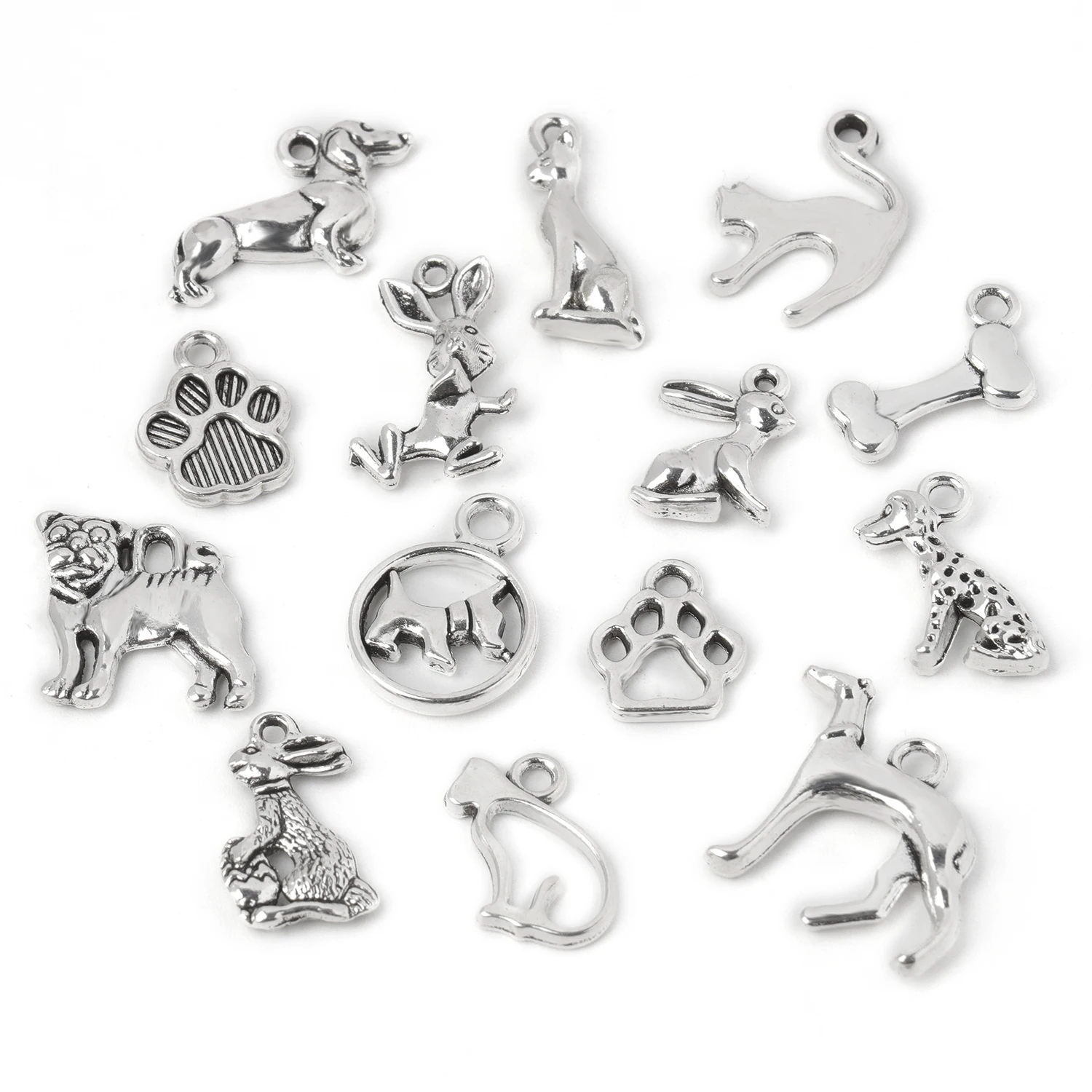 10pcs Silver Color Animal Cat Dog Rabbit Shape Pendant Alloy Cute For Jewelry Making DIY Earring Necklace Bracelet Findings