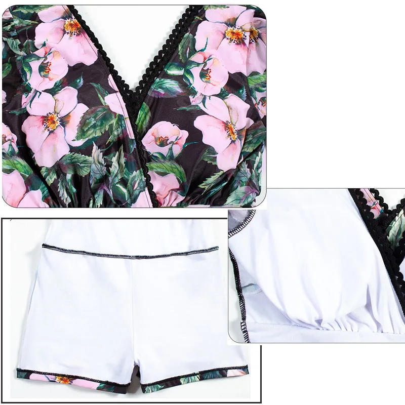 Plus Size Swimsuit for Women Tummy Control One Piece Monokini Bathing Suits with Boyshorts Long Sleeve Rash Guard Flower Printed