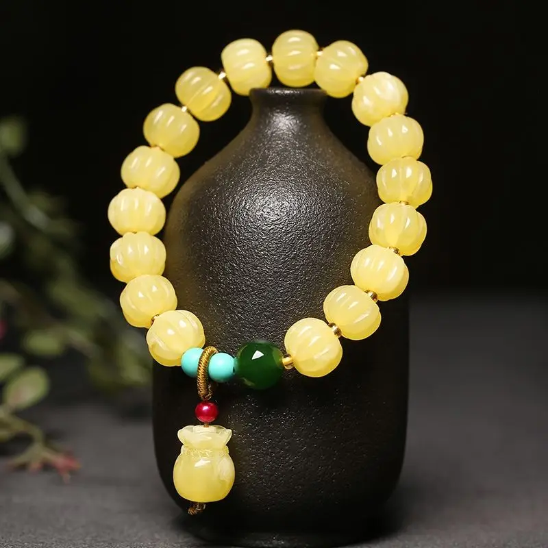 Natural Second Generation Beeswax White Nectar Bracelet Women's Pumpkin Beads Bag Yellow Amber Single Circle Simple Handstring