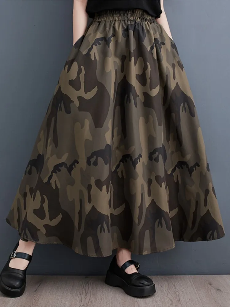 Oversized Spring Camouflage Print Long Skirt Women Korean Loose Ruffle Pleated Modis A-Line Ladies Skirts High Waist Woman Skirt