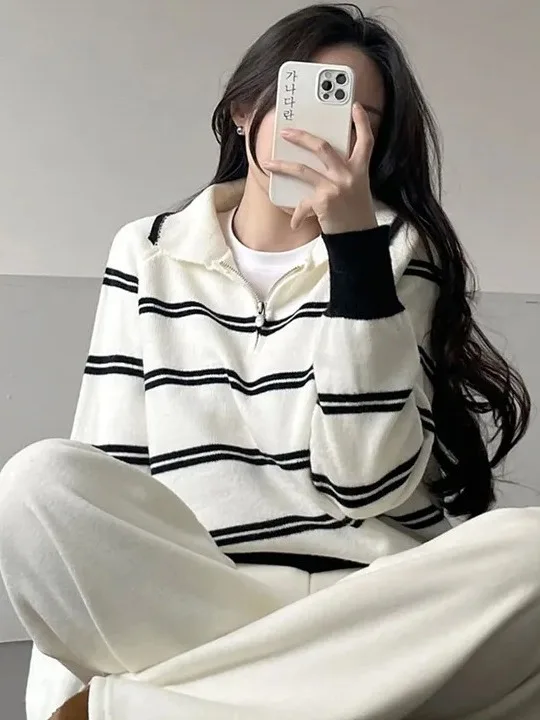 Korean Style Lazy Striped Zipper Color Block Long Sleeve Women's Soft Sweater Autumn Winter New Design Knitted Shirt