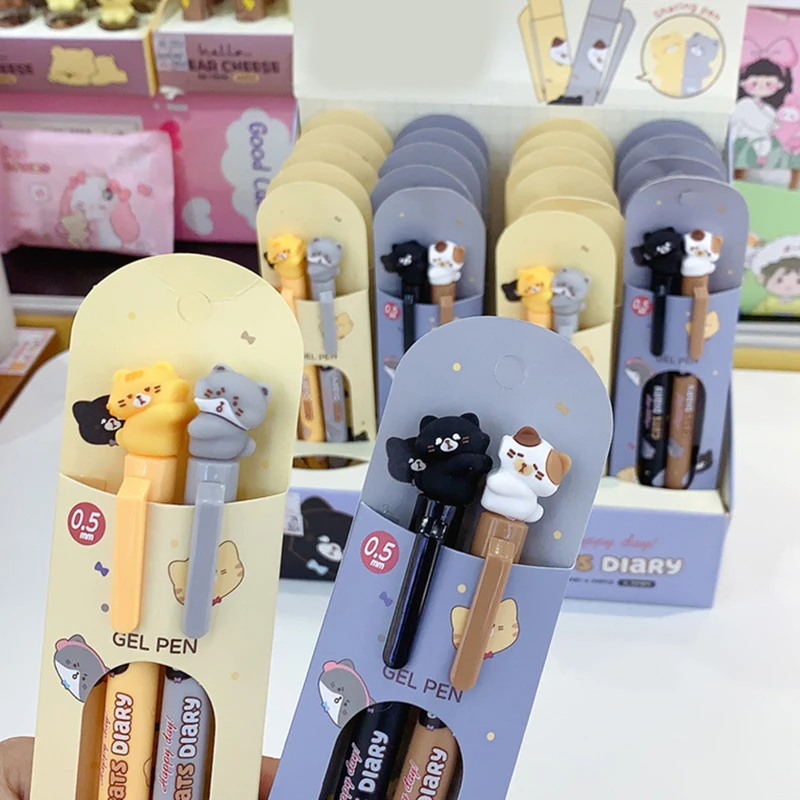 2pcs/box Kawaii Cat Pens Aesthetic Black Ink Gel Pen Ballpoint Pen Stationery Office Accessories School Supplies Kit Gift